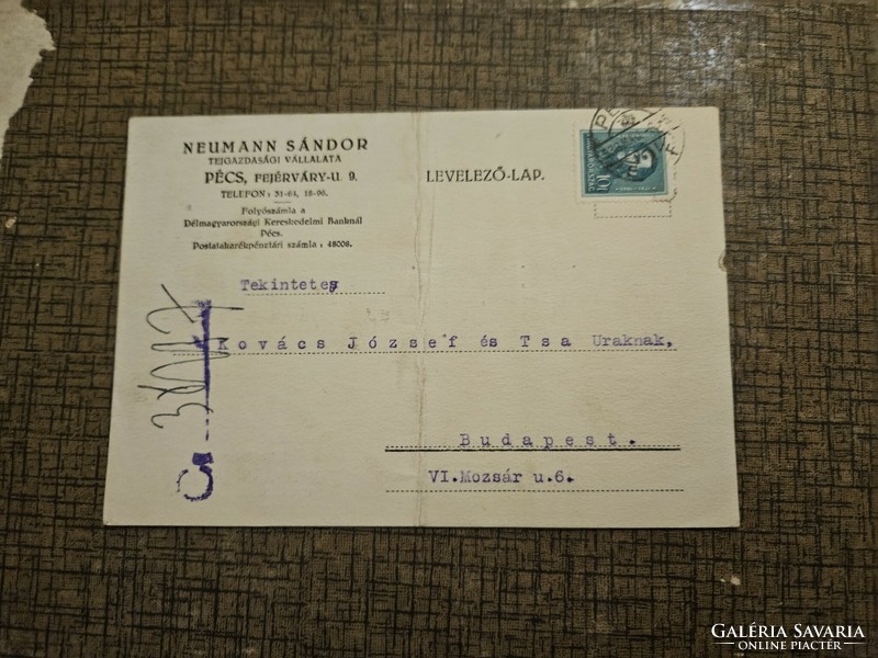 1936-os Fejléces levelezőlap Pécs