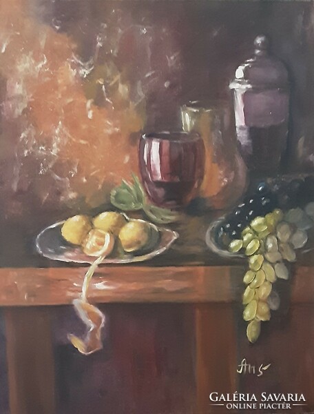 Antyipina galina: still life with lemon and grapes, oil painting, canvas, 40x50cm