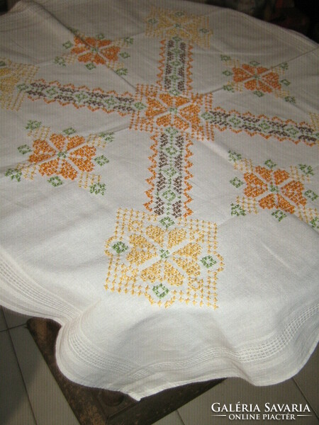 Beautiful hand embroidered cross-eyed filigree tablecloth