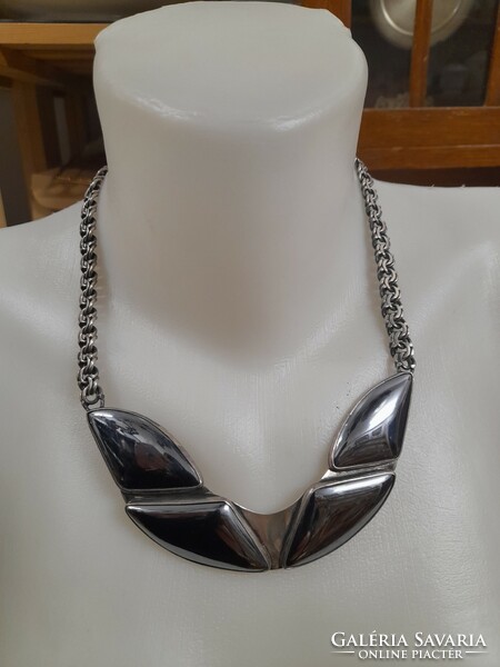 Antique unique silver, hematite / bloodstone / stone necklace. 81.5 Grams.