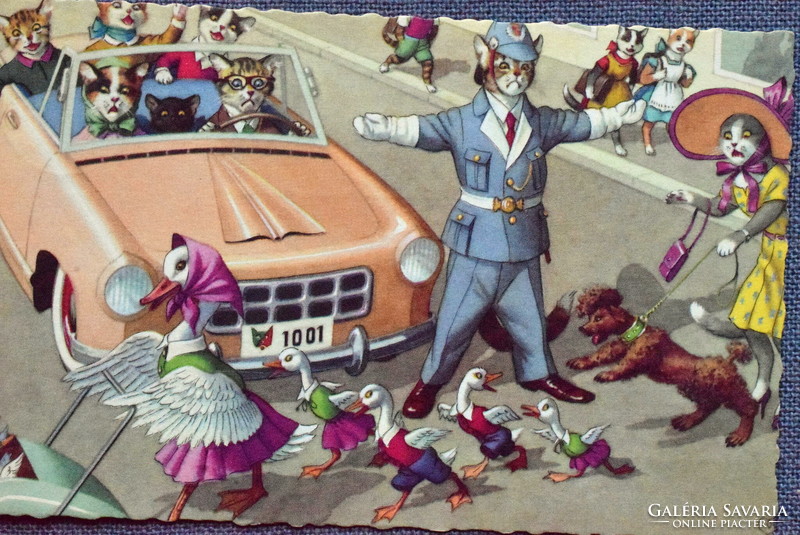 Old retro humorous graphic postcard kitten - kittens and ducks, traffic chaos