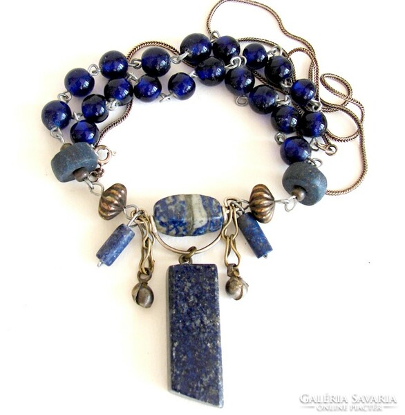 Syrus, Mid Length Antique Persian Copper/Lapis Pendant Necklace with Blue Glass/Lapis Beads