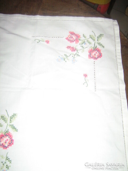 Beautiful hand embroidered cross stitch azure vintage rose needlework tablecloth