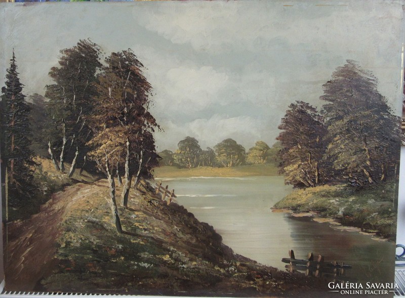 Kortárs  festmény 1960, tájkép-folyópart, olaj,  farost,60 x 80 cm, olvashatatlan jelzéssel
