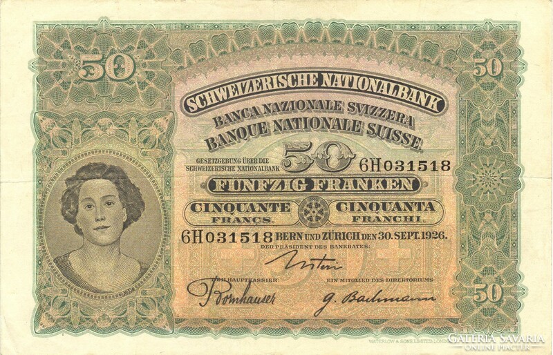 50 frank francs franken 1926 Svájc