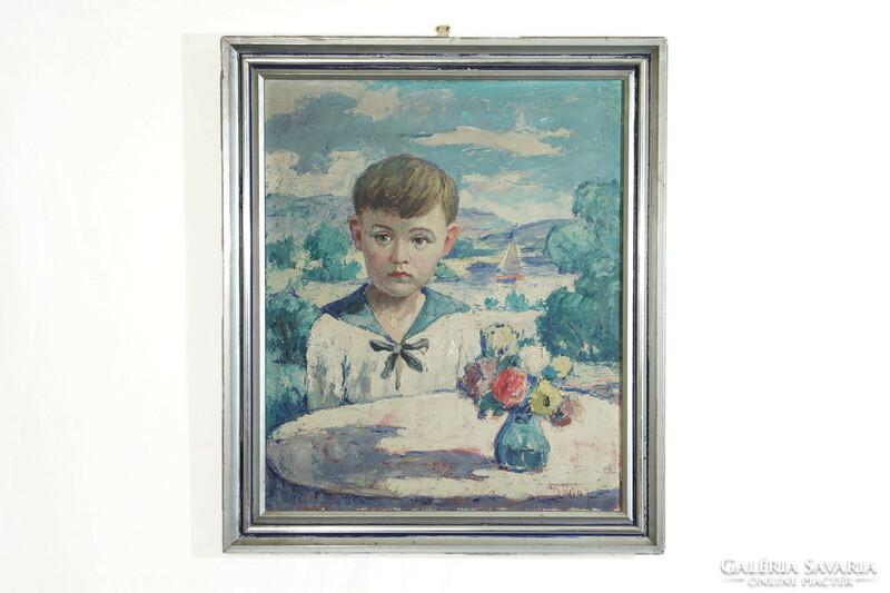 Gy. János Riba (1905-1973) vacation 60x50cm | schoolboy little boy portrait with sailing boat