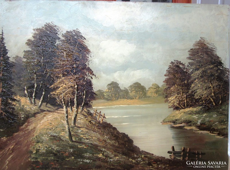 Kortárs  festmény 1960, tájkép-folyópart, olaj,  farost,60 x 80 cm, olvashatatlan jelzéssel