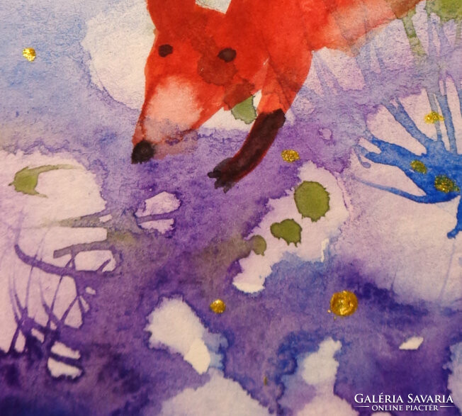 Ravaszdi - contemporary painter/graphic artist agnes laczó, original watercolor painting on paper - fox, rabbit
