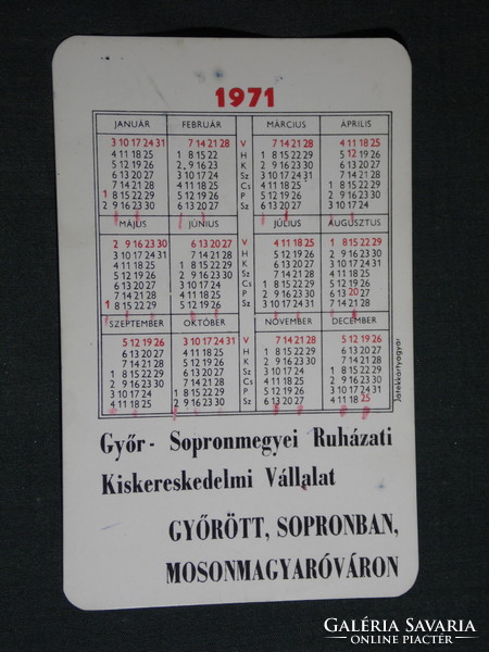Card calendar, Győr Sopron county clothing company, department store, specialist shops, 1971, (5)