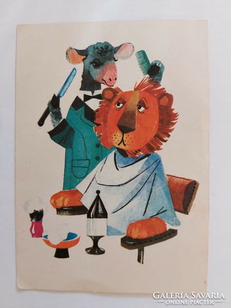 Retro postcard 1971 lion at the barber