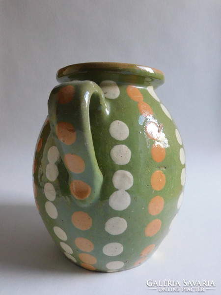 Old polka dot, green glazed earthenware pot 21 cm