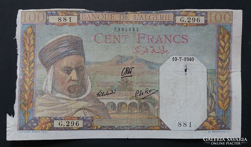 Ritka! Algéria 100 Francs / Frank 1940, hiányos!