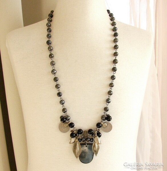 Xerxes Black Mid Length Persian Copper/Epoxy Pendant Necklace with Blue Glass Beads