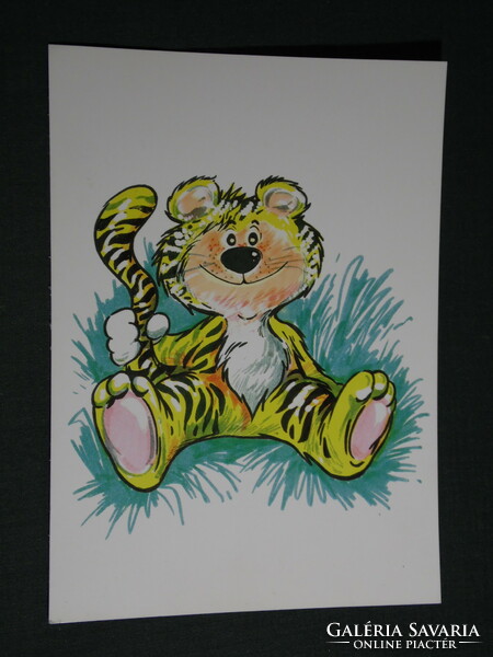 Képeslap, Állami gondozott gyerekekért alapítvány, grafikai rajzos, állatok, tigris