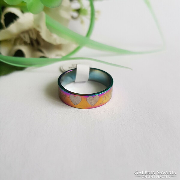 ÚJ, szivárvány színű, forever love feliratos, szív mintás gyűrű – USA 8 / EU 57 / Ø18mm