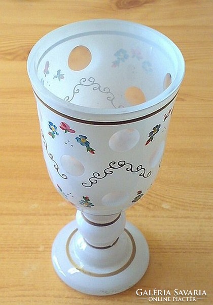 Glass cup in Biedermeier style with white, stylish, gilded hand-painted decoration. Bohemia