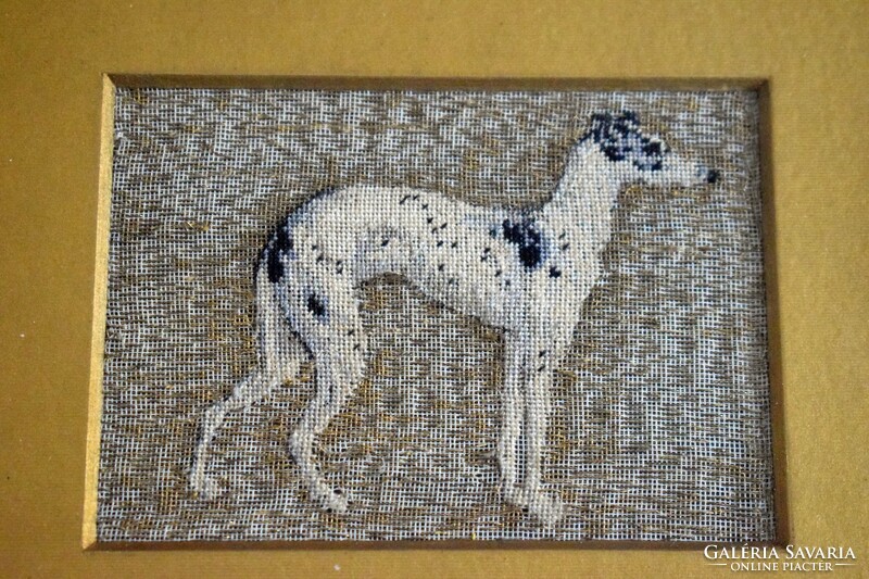 Antique Biedermeier miniature tapestry picture Hungarian greyhound metal thread and silk stitch needlework 10.5 x 7 cm +ke
