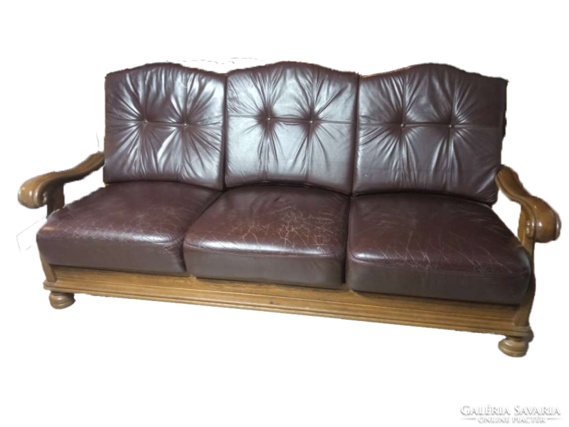 Vintage wooden frame leather sofa set - 1 sofa and 2 armchairs