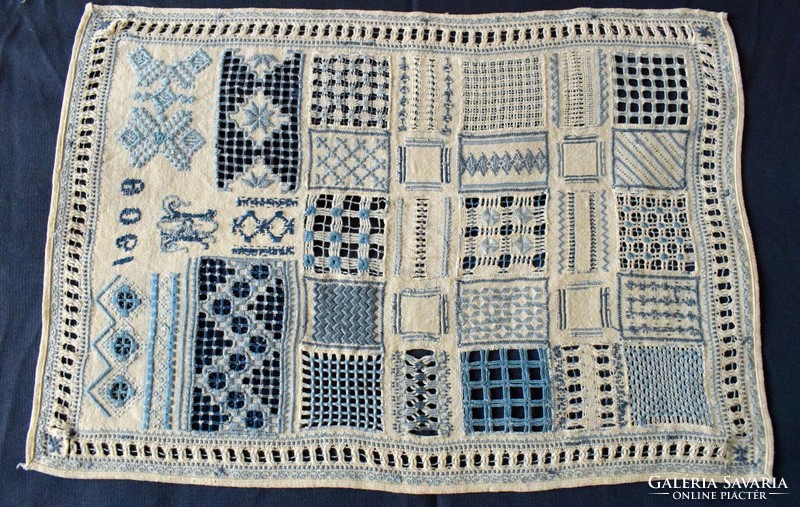 Antique sample scarf 1908 hussar food azure embroidery cutting kelim, ... School work 37 x 55 cm