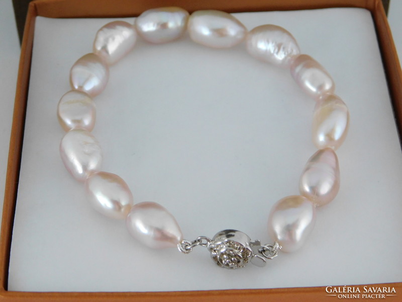 Pearl bracelet rose with silver clasp, large 12-13mm baroque pearls