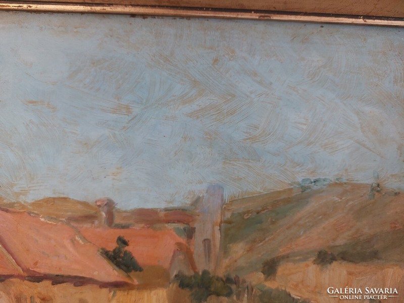 (K) János Luczi's painting of farm/village detail 44x31 cm with frame for Sándor Móna