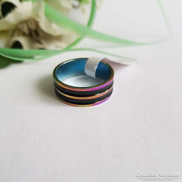 New rainbow colored 2 band recessed black striped ring - usa 8 / eu 57 / ø18mm