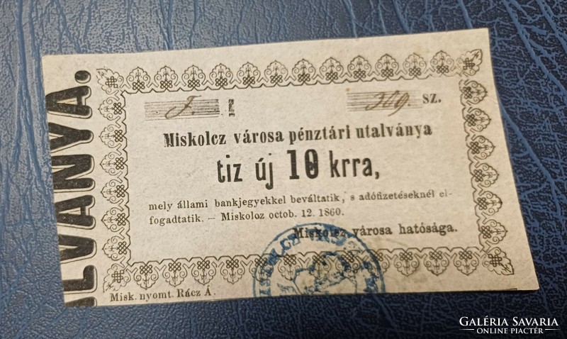 Miskolcz város pénztári utalványa 1860 10 új Krajcár/2.