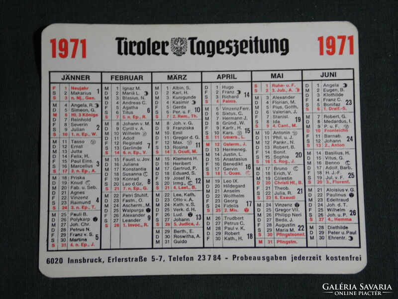 Kártyanaptár, Németország, Tiroler Tageszeitung, napilap,újság,magazin, névnapos, 1971,   (5)