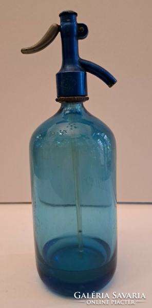 Moschendorf literes kék, feliratos szódásüveg fejjel