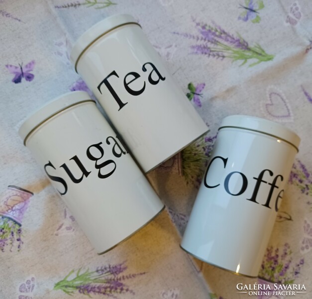 Konyhai fém tárolódoboz készlet teának, kávénak és cukornak, 3 db együtt