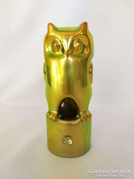 Zsolnay art-deco owl in light gold-green eosin color