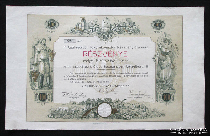 Csákigorbó savings bank share 100 crowns 1912 - Csákigorbó (rou)