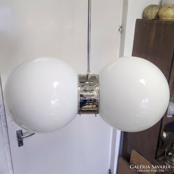Bauhaus nickel-plated 2-burner chandelier renovated - large milk glass spherical shades
