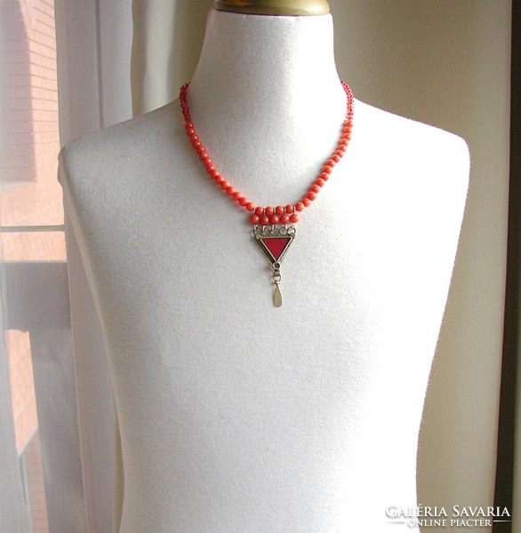 Azar short red coral Persian copper/glass pendant necklace with blue glass/coral beads
