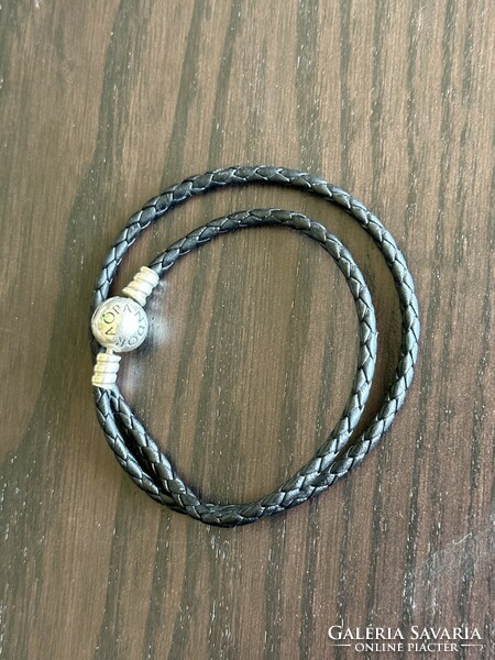 Pandora double row braided leather silver bracelet black