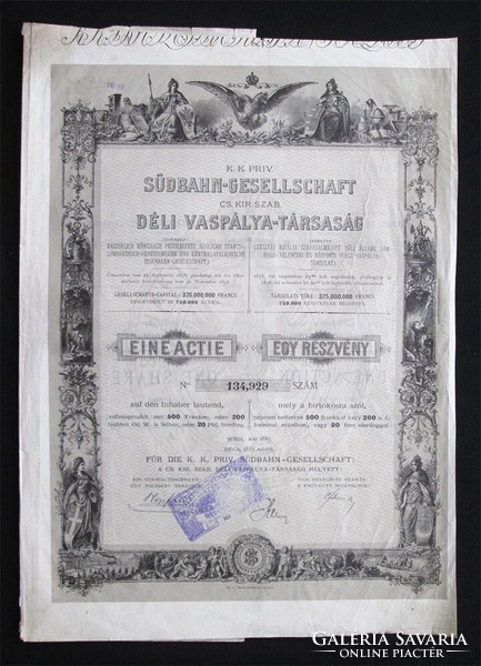 Déli Vaspálya Társaság részvény 200 forint 1883 - Bécs