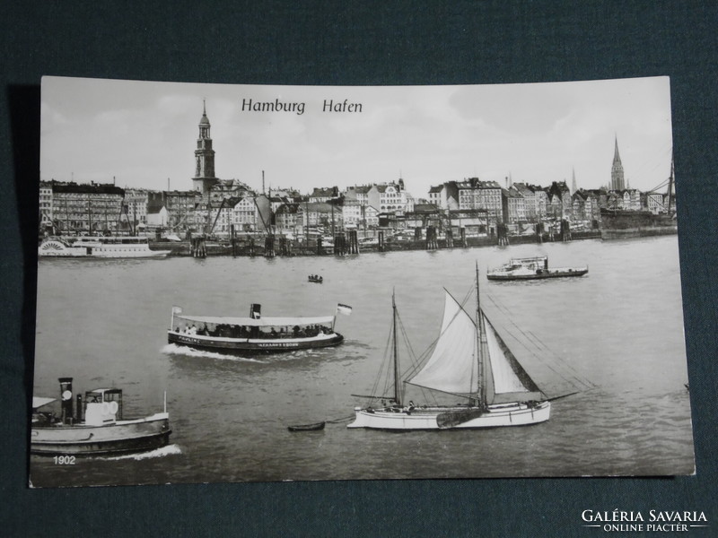 Postcard, Germany, Hamburg harbor, harbor skyline, sailing ship, steamship