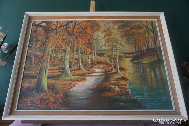 Path in the autumn forest painting (signature not identifiable, original title unknown)