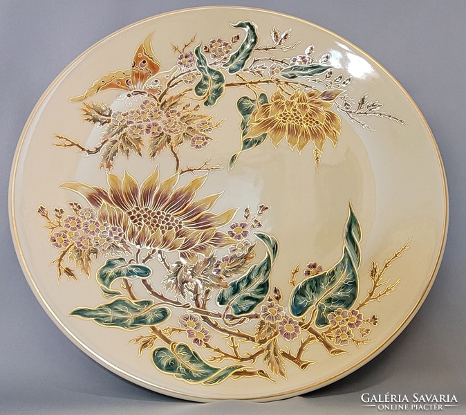 Zsolnay kézzel festett pillangós porcelán fali tál 40,5cm
