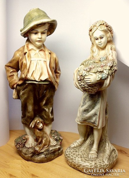 Dutch boy-girl pair, large-sized burnt plaster glazed statue, unique rarity