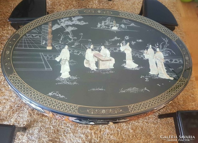 Chinese carved, oriental lacquer coffee table set