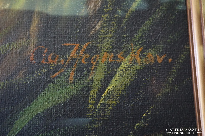 Két őz a tónál erdei tájkép (aláírt, ismeretlen festő, eredeti cím ismeretlen)