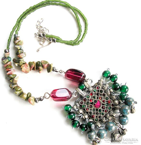 Bahar, short antique Persian copper/glass pendant necklace with blue glass/unakit beads