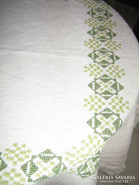 Wonderful hand embroidered green cross-stitch crocheted woven needlework tablecloth