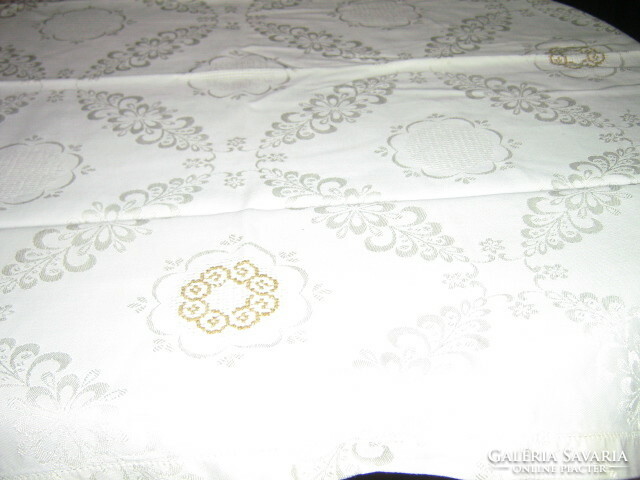 Beautiful hand embroidered butter-colored floral elegant damask tablecloth