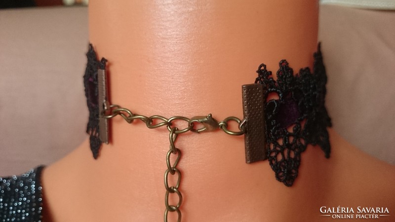 Black lace neck blue purple ribbon chain