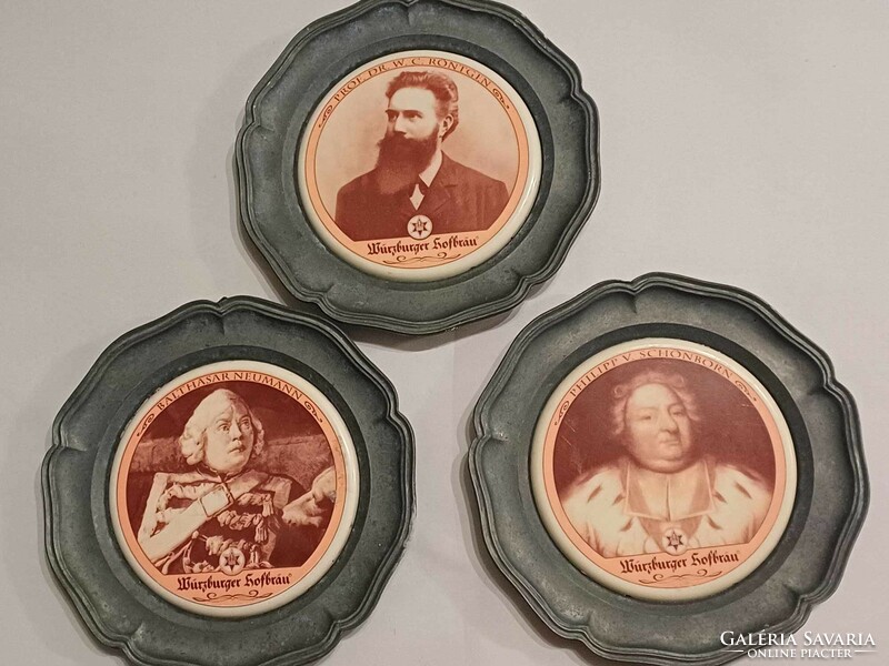 Pewter miniature wall plates with porcelain portraits 3 pcs