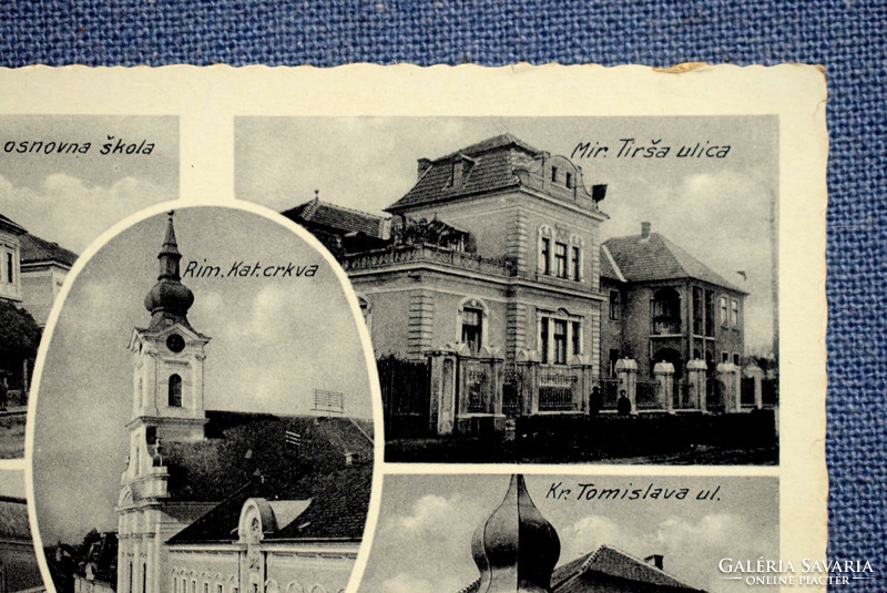 Vinkovci (Horvát) - mozaik  fotó képeslap - skola , ulica , templom, bolt   19??