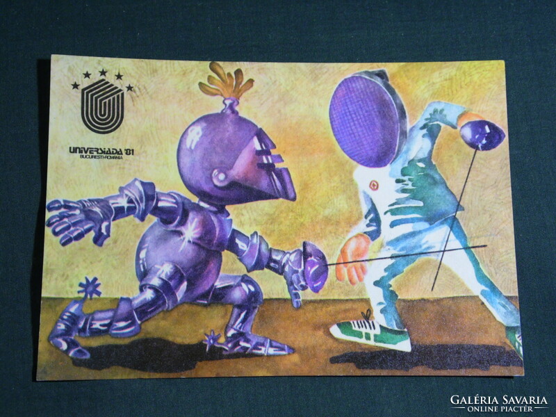 Képeslap,Postcard,Romania Bucuresti - Universiada 1981,nyári sportverseny,grafikai rajzos, vívás