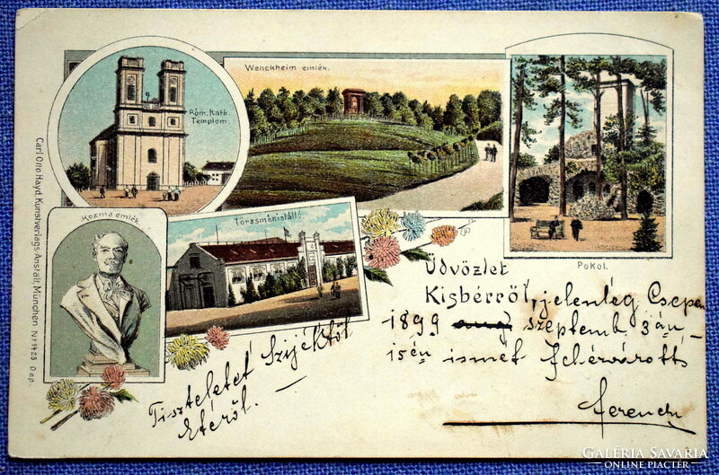 Kisbér - templom, Wenckheim emlék,Kozma emlék, Pokol, Törzsmén - mozaik  litho képeslap  1899